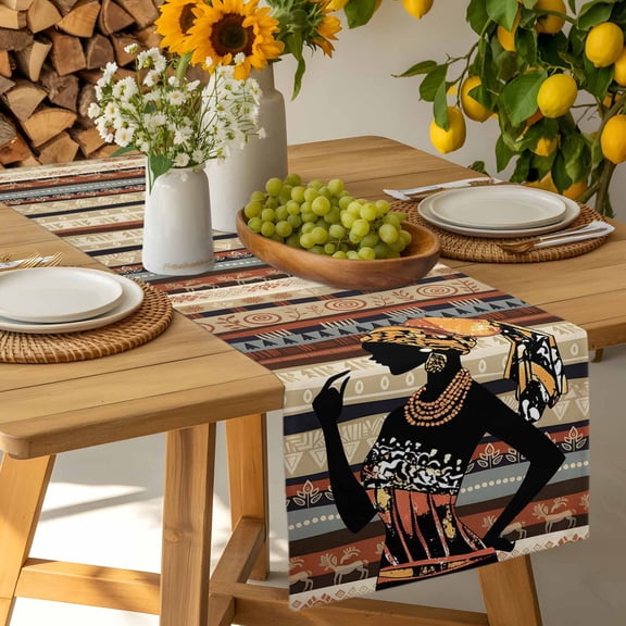 Tribal Ethnic African Girl Women Table Runner-36 Inch Long Abstract Aesthetic Table Runners Linen Burlap Tablerunner for Kitchen Dining Room Holiday Party