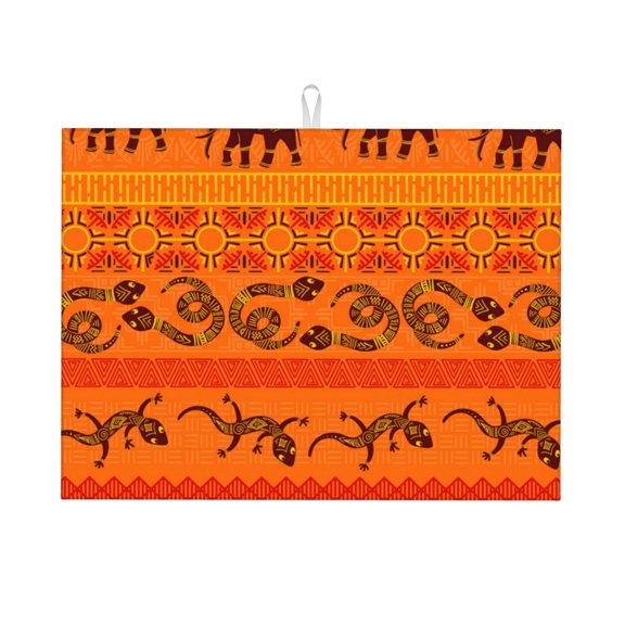 Tribal Ethnic Elephant African Geometric Lizard Large Kitchen Drying Mat 18x24 Inch Ultra Absorbent Dish Drying Mats Foldable Countertop Protector