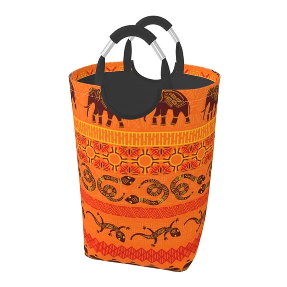 Tribal Ethnic Elephant African Geometric Lizard Laundry Bag with Handle - Foldable Dirty Clothes Hamper Collapsible Storage Bin