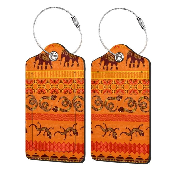 Tribal Ethnic Elephant African Geometric Lizard Luggage Tag for Suitcase 2 Pack Leather Travel Bag Baggage Identifiers Privacy Cover ID Label