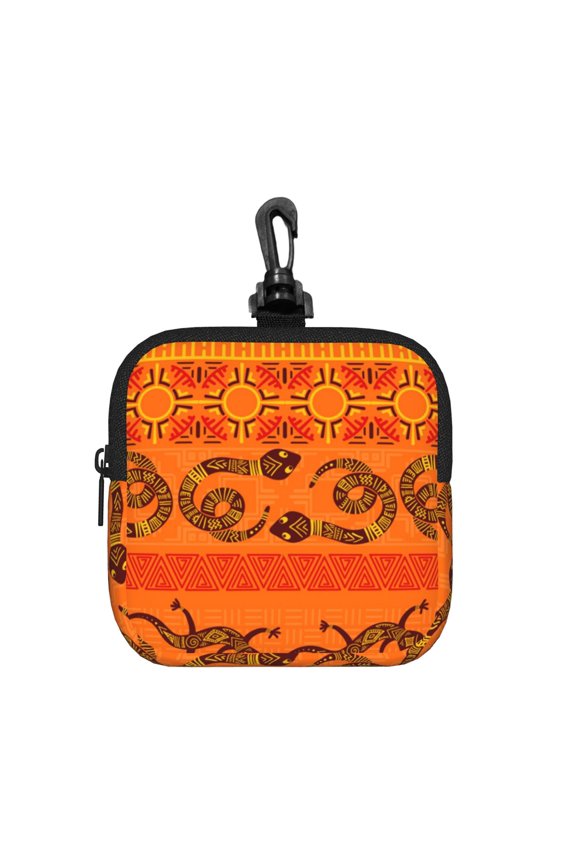 Tribal Ethnic Elephant African Geometric Lizard Square Gear Pouch with Lobster Clasp Waterproof Tech Accessory Organizer, Key & Coin Case