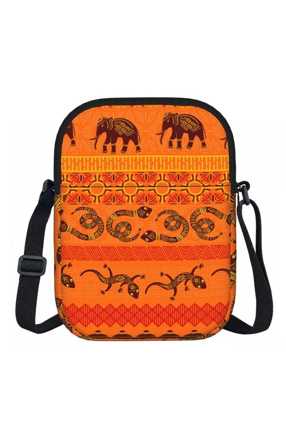 Tribal Ethnic Elephant African Geometric Lizard Zipper Crossbody Bag Everyday Travel Pouch Adjustable Strap Commuter Bags
