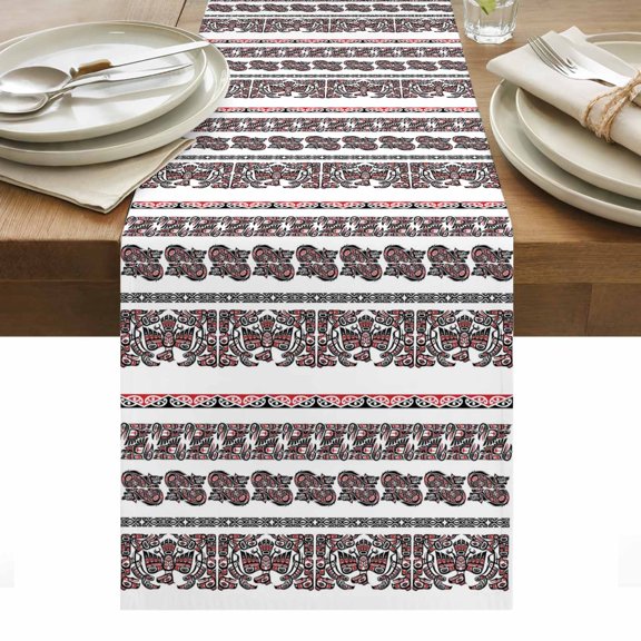 Tribal Ethnic Style Cotton Linen Table Runner Bird Geometric Boho Beige Gray Rustic Dining Table Runners for Home Decor Party Dining Room Restaurant Kitchen Party 13" x 36"