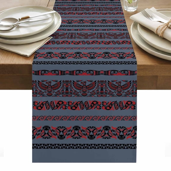Tribal Ethnic Style Cotton Linen Table Runner Bird Geometric Boho Navy Blue Black Rustic Dining Table Runners for Home Decor Party Dining Room Restaurant Kitchen Party 13" x 36"