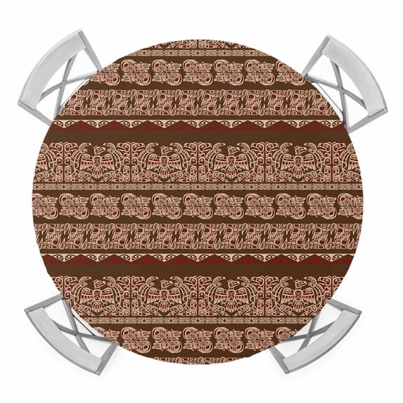 Tribal Ethnic Style Round Table Cover, Bird Geometric Boho Brown Rustic Waterproof Fitted Tablecloths for 36"-44" Tables, Washable Picnic Table Cover for Camping Dining Indoor Outdoor