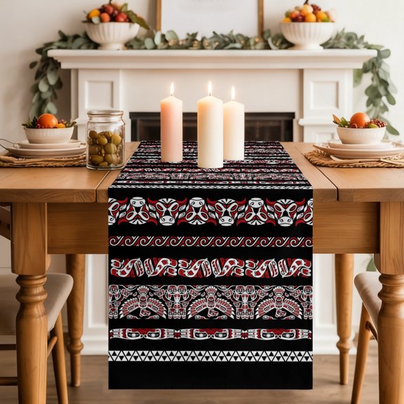 Tribal Ethnic Style Table Runner, Bird Geometric Boho Red Black Rustic Washable Cotton-linen Table Runners Dining Kitchen Decoration for Everyday Home Wedding Party Decor, 13 x 36 Inch
