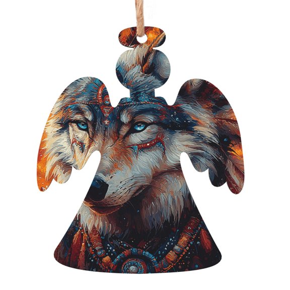 Tribal Ethnic Wolf Spirit Abstract Wooden Christmas Ornament Angel Shape,Xmas Tree Hanging Decoration 6 PCS