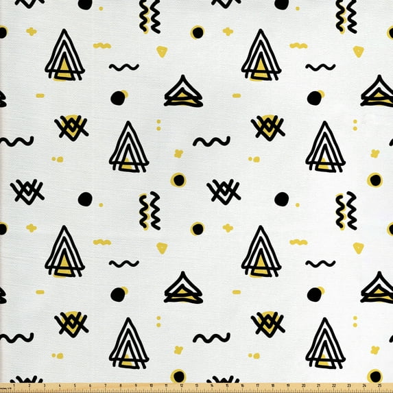 Ambesonne Tribal Fabric by the Yard Upholstery, Abstract Curved Stripes, 10 Yards, Yellow Black White