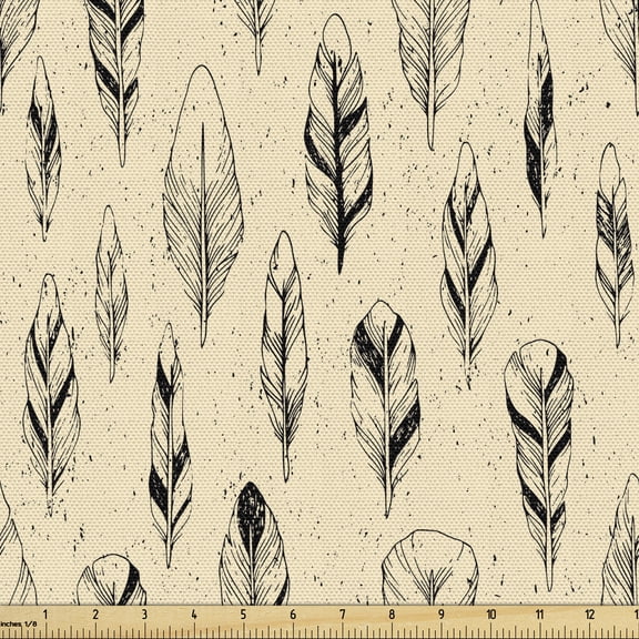 Ambesonne Tribal Fabric by the Yard Upholstery, Boho Murky Feathers Design, 1 Yard, Eggshell and Charcoal Grey