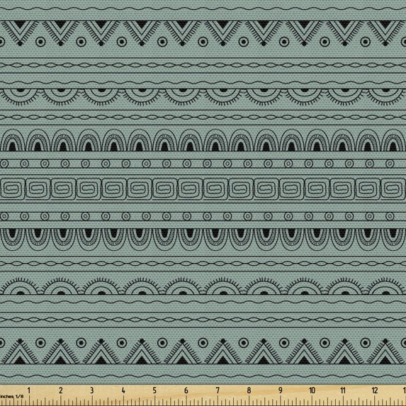 Ambesonne Tribal Fabric by the Yard Upholstery, Ethnic Geometric Funky Forms, 3 Yards, Charcoal Grey and Pale Teal