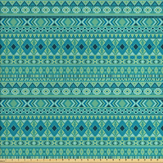 Ambesonne Tribal Fabric by the Yard Upholstery, Geometric Folk Art Pattern, 2 Yards, Seafoam and Multicolor