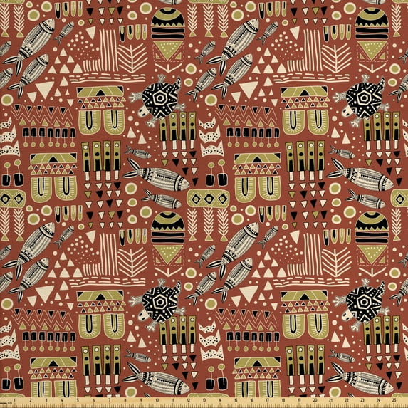 Ambesonne Tribal Fabric by the Yard Upholstery, Prehistoric Animal Drawings, 5 Yards, Cinnamon Khaki