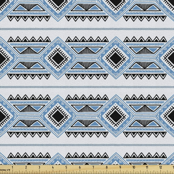 Ambesonne Tribal Fabric by the Yard Upholstery, Pattern of Geometric Motifs, 1 Yard, Sea Blue Charcoal Grey