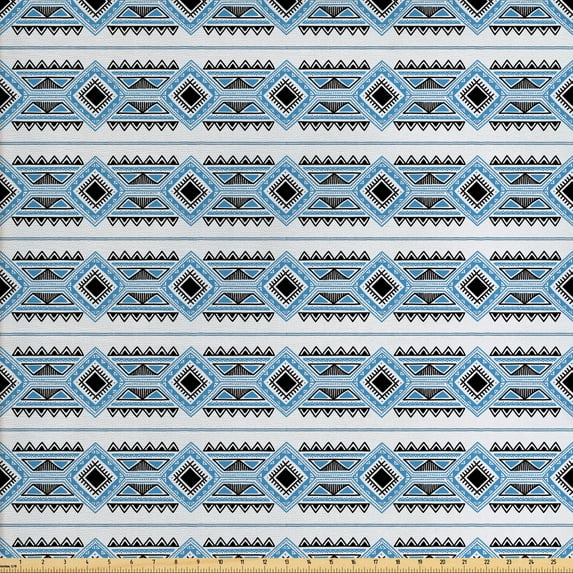 Ambesonne Tribal Fabric by the Yard Upholstery, Pattern of Geometric Motifs, 5 Yards, Sea Blue Charcoal Grey