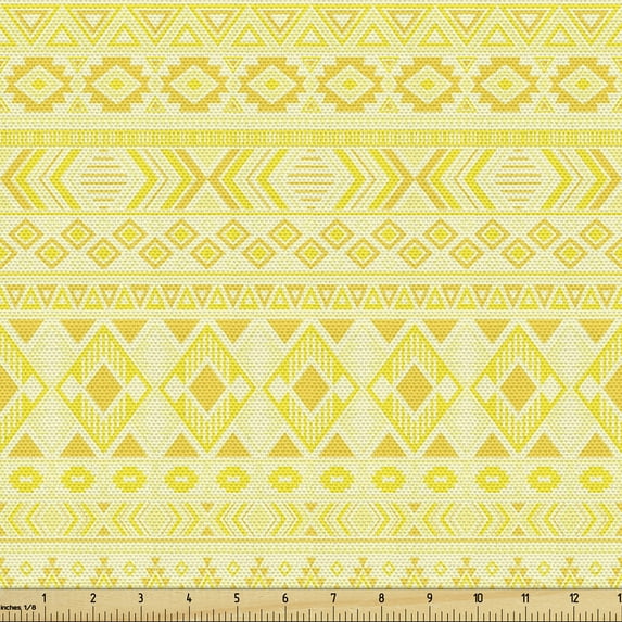 Ambesonne Tribal Fabric by the Yard Upholstery, Folklore Yellow Monochrome, 5 Yards, Pale Yellow Mustard