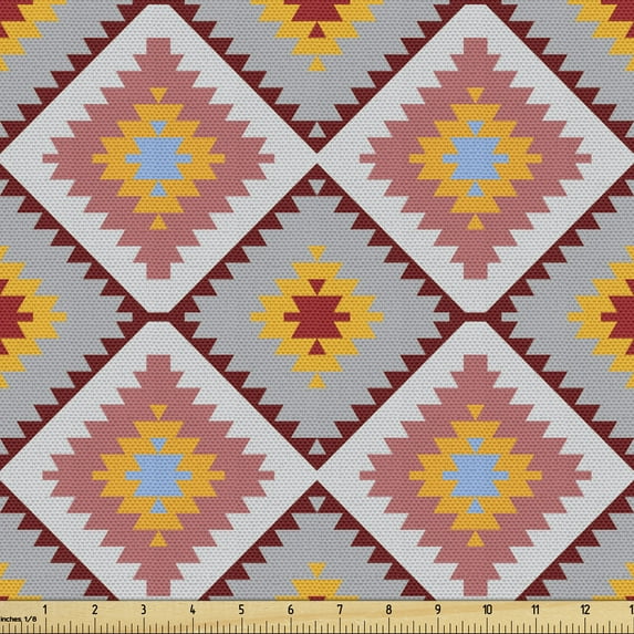 Ambesonne Tribal Fabric by the Yard Upholstery, Orient Patchwork Inspired, 5 Yards, Marigold and Ruby