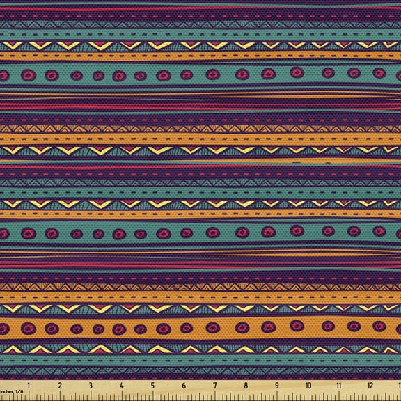 Ambesonne Striped Fabric by the Yard Upholstery, Retro Aztec Art, 1 Yard, Teal Plum and Orange