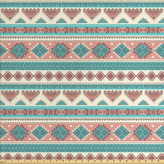 Ambesonne Tribal Fabric by the Yard Upholstery, Aztec Art Style, 3 Yards, Cream Aqua and Peach