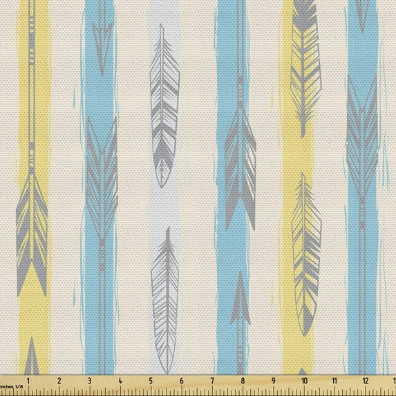 Tribal Fabric by the Yard, Vertical Stripes with Feather Motifs Bohemian, Decorative Upholstery Fabric for Sofas and Home Accents, Champagne Sky Blue Camel by Ambesonne