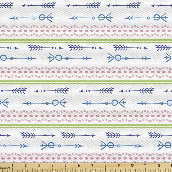 Ambesonne Tribal Fabric by the Yard Upholstery, Zigzags Polka Dots, 10 Yards, White Multicolor