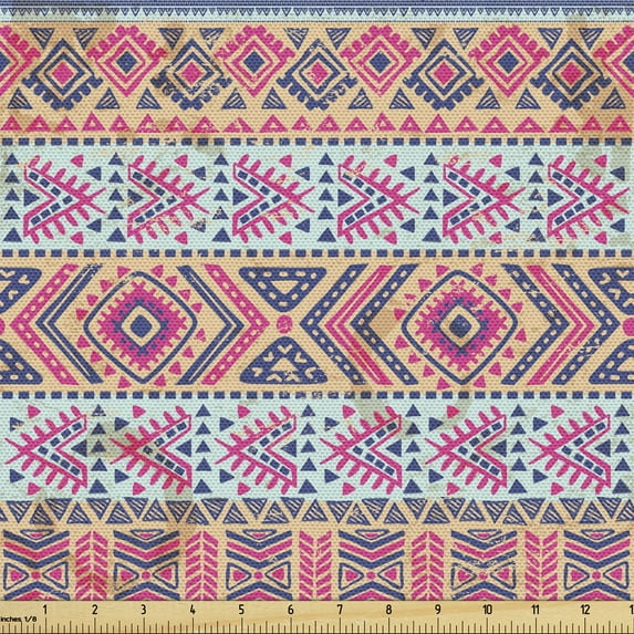 Ambesonne Ethnic Fabric by the Yard Upholstery, Retro Spring Aztec Art, 1 Yard, Pale Blue Indigo