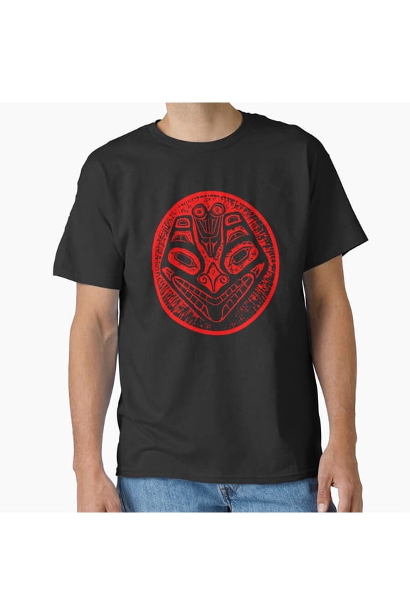 Tribal Face Red On Black Bold Heritage Pattern Artistic Graphic Unisex T-Shirt, up to size 5XL