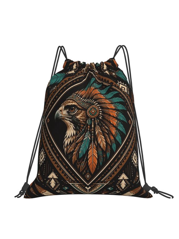 Tribal Falcon Geometric Decor Large Drawstring Backpack Casual Cinch Sack Bag Backpack for Sports Hiking Travel Gym