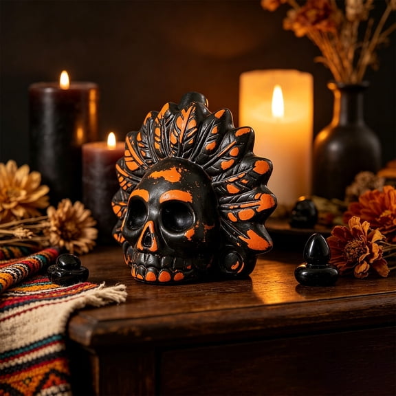 Tribal Feather Skull Ceramics Statue, Vintage Distressed Sugar Skull Figurine, Gothic Tabletop Ornament for Halloween Home Bar Indoor Decor, 9.3cm 9.3cm