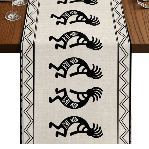 Tribal Figures Burlap Cotton Table Runner 13x36 Inches Short, Southwestern Native Ethnic Borders Beige Farmhouse Table Runners, Outdoor Dining Table Decor for Baby Shower/Party/Wedding