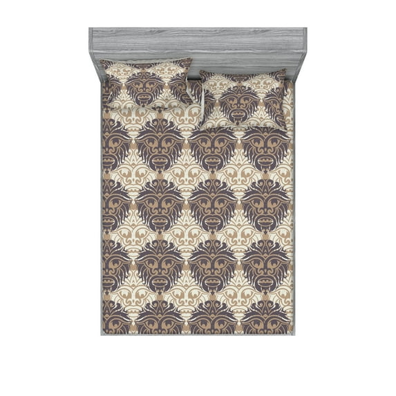 Tribal Fitted Sheet & Pillow Sham Set, Bohemian Earthy Colors Ethnic Swirly Pattern Curlicue Vintage Floral Design, Decorative Printed 3 Piece Bedding Decor, King, Umber Taupe Ivory, by Ambesonne