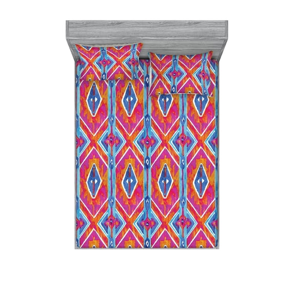Tribal Fitted Sheet & Pillow Sham Set, Colorful Watercolor Style Pattern of Geometric Ikat Shapes Ethnic Vibes, Decorative Printed 3 Piece Bedding Decor, Calking, Magenta Orange and Blue, by Ambesonne