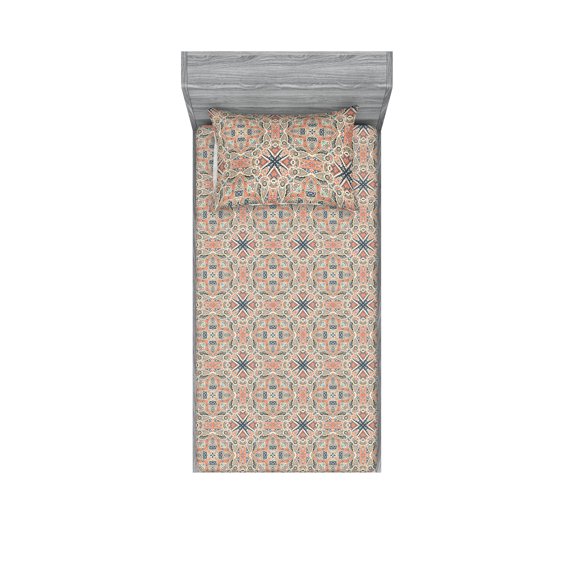Tribal Fitted Sheet & Pillow Sham Set, Ethnic Pattern Geometric Shapes Abstract Arrows Fractal Boho Design, Decorative Printed 2 Piece Bedding Decor, Twin, Cocoa Orange and Slate Blue, by Ambesonne
