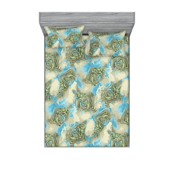 Tribal Fitted Sheet & Pillow Sham Set, Ethnic Themed Repeating Pattern Folk Paisley Details and Watercolor Motifs, Decorative Printed 3 Piece Bedding Decor, King, Sky Blue Pale Khaki, by Ambesonne