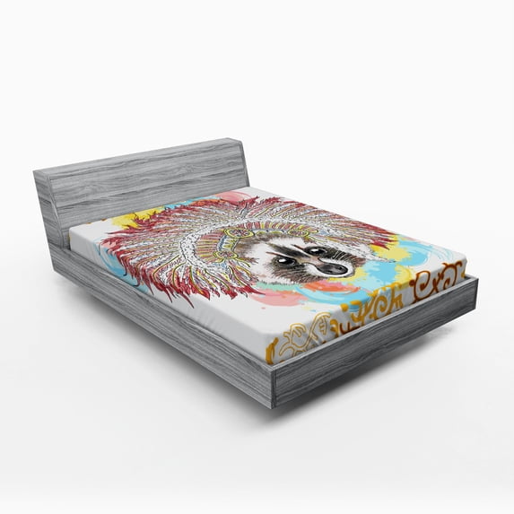 Tribal Fitted Sheet, Raccoon in Primitive Feathers Boho Hippie Wild Print, Soft Decorative Fabric Bedding, Queen Size, Multicolor, by Ambesonne