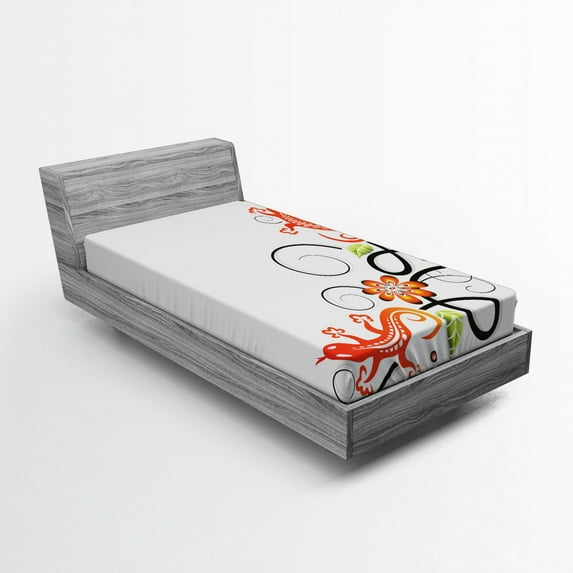 Tribal Fitted Sheet, Small Baby Lizard Flowers and Leaves with Oriental Lines Print, Soft Decorative Fabric Bedding, Twin Size, Orange White Black, by Ambesonne