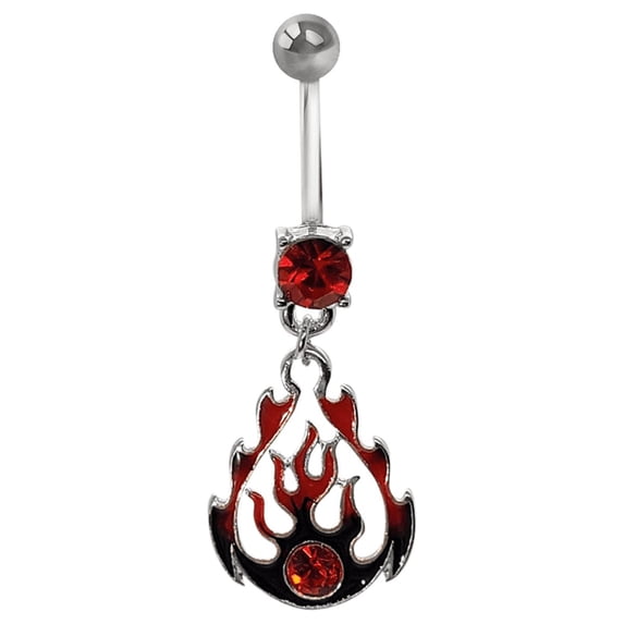 Tribal Flames with Red CZ Gem Dangle Surgical Steel 14g