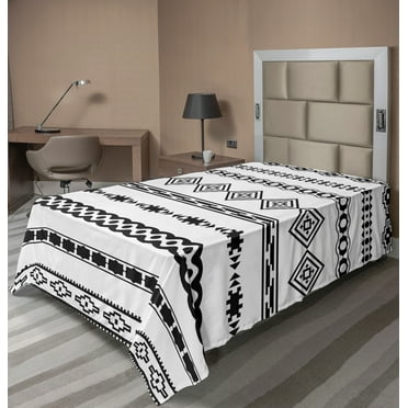 Tribal Flat Sheet, Ethnic Abstract Geometric Forms Stripes Aztec Effects Folkloric Design Print, Soft Comfortable Top Sheet Decorative Bedding 1 Piece, 6 Sizes, White Black, by Ambesonne