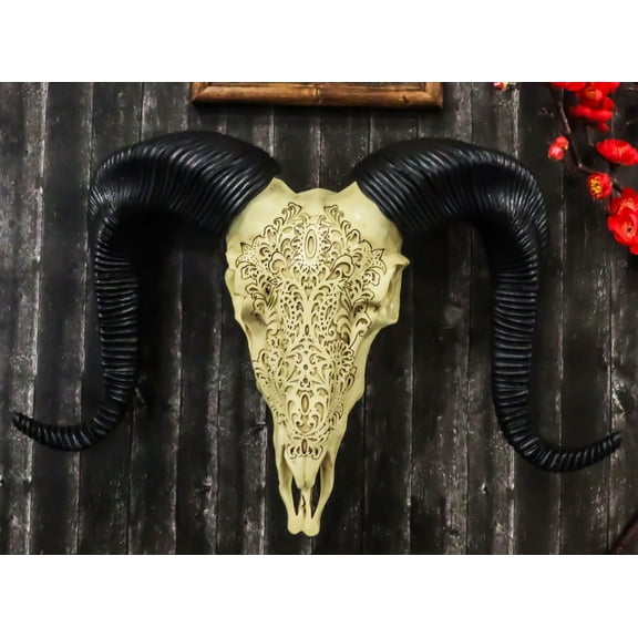 Tribal Floral Vines Tooled Filigree Corsican Ram Cow Skull Wall Decor Plaque 11"