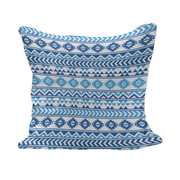 Tribal Fluffy Throw Pillow Cushion Cover, Aztec Pattern with Geometric Folk Cultural Forms Prehistoric Image, Decorative Square Accent Pillow Case, 28" x 28", Blue White, by Ambesonne