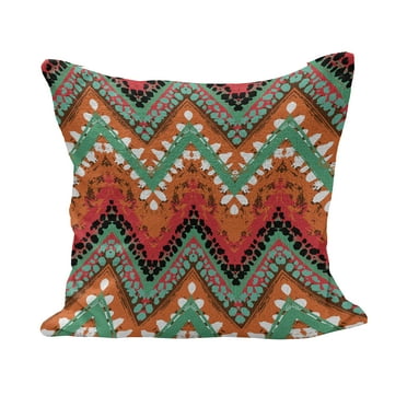 Tribal Fluffy Throw Pillow Cushion Cover, Hand Paint Zigzag Pattern Effects Brushstrokes, Decorative Square Accent Pillow Case, 16" x 16", Sea Green Marigold, by Ambesonne