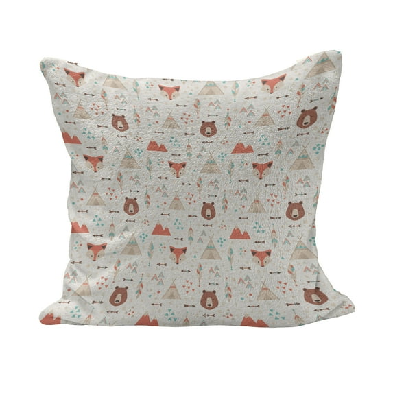 Tribal Fluffy Throw Pillow Cushion Cover, Prehistoric Fox Arrows Bear Lodge Houses Feather Graphic, Decorative Square Accent Pillow Case, 16" x 16", Salmon Amber White, by Ambesonne