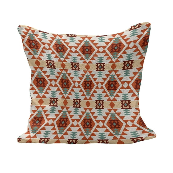 Tribal Fluffy Throw Pillow Cushion Cover, Prehistoric Traditional Aztec Folk Motif with Geometric Triangles Native Design, Decorative Square Pillow Case, 26" x 26", Teal Cream Red, by Ambesonne