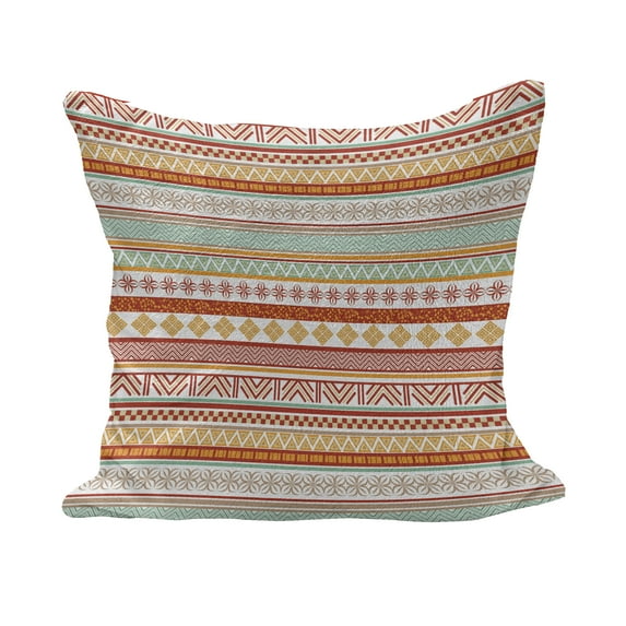 Tribal Fluffy Throw Pillow Cushion Cover, Striped Vintage Pattern with Geometric Floral Shapes Print, Decorative Square Accent Pillow Case, 24" x 24", Marigold Red and Tan, by Ambesonne