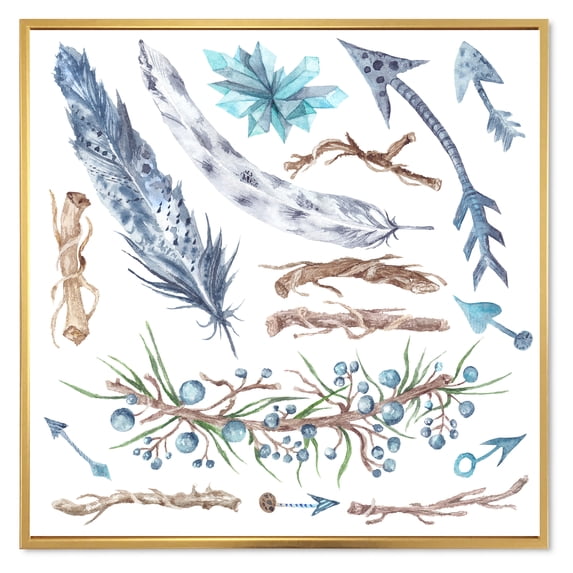 Tribal Forest Elements 36 in x 36 in Framed Painting Canvas Art Print, by Designart