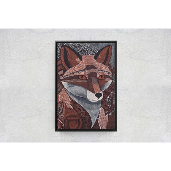 Tribal Fox Linocut Style Art, Rustic Woodland Animal Pattern Canvas Print, Poster Only
