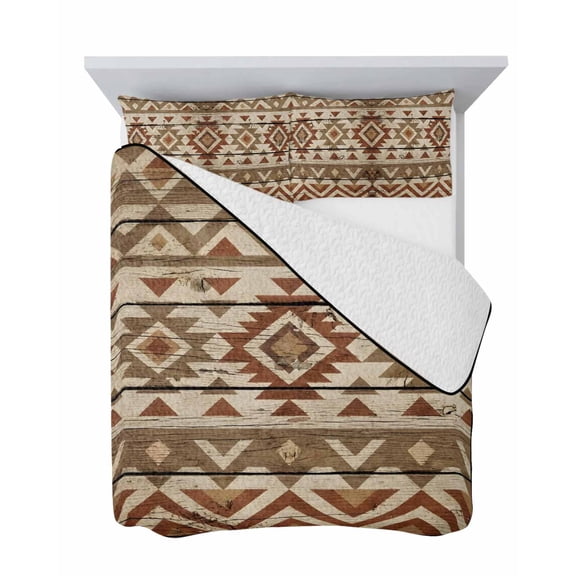Tribal Geometric 3 Piece Quilt Set Full Size, Zigzag Pattern Tribal Rustic Brown Wood Grain Soft Bedspread Coverlet Bedding Set Microfiber Lightweight Comforter Set with 2 Pillowcases for Bedroom
