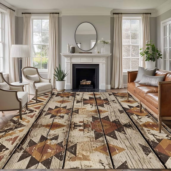 Tribal Geometric 8'x10' Large Area Rugs Diamond Shapes Tribal Rustic Brown Wood Grain Washable Area Rugs Non-Slip Indoor Floor Mats Large Carpet for Living Room Bedroom Dining Room