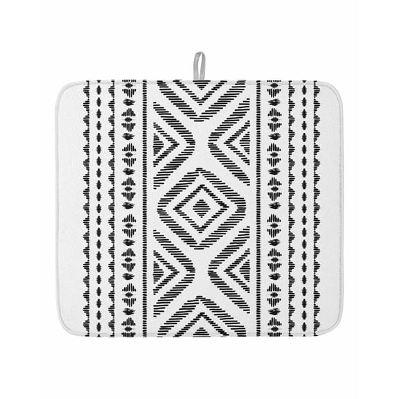 Tribal Geometric Abstract Art Dish Drying Mats for Kitchen Counter,Absorbent Microfiber Dish Drainer Rack Mat Black and White Drying Pad for Sinks,Utensils,Countertops,16x18in
