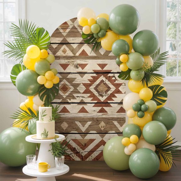 Tribal Geometric Arch Backdrop Cover, 4FT, Zigzag Pattern Tribal Rustic Brown Wood Grain Spandex Arch Covers Double-Sided Backdrop for Wedding Birthday Party Photo Background Decoration