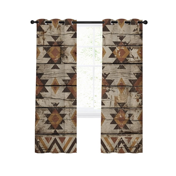 Tribal Geometric Blackout Curtains for Bedroom Living Room, Diamond Shapes Tribal Rustic Brown Wood Grain 84 In Long Thermal Insulated Room Darkening Drapes Grommet Window Treatments, 42 x 84 In